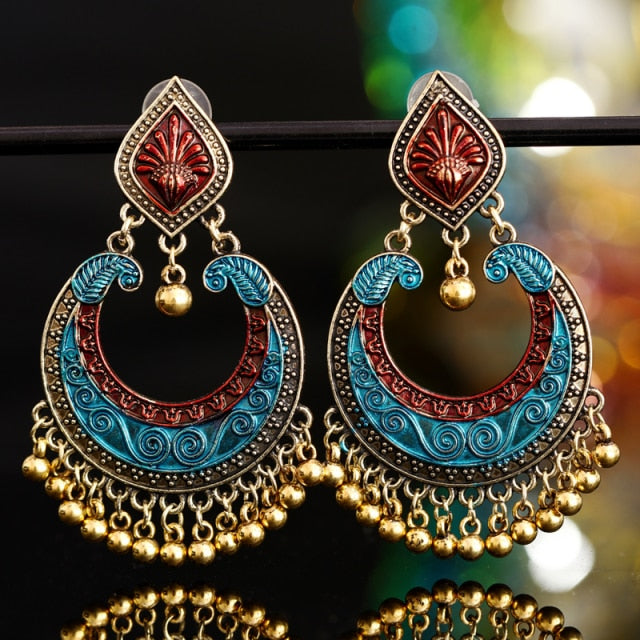 sengpan Indian Jhumka Elephant Earrings Gypsy Afghan Jewelry Retro Ethnic Antique Beads Drop Tassel Earrings for Women Bohemian Gift