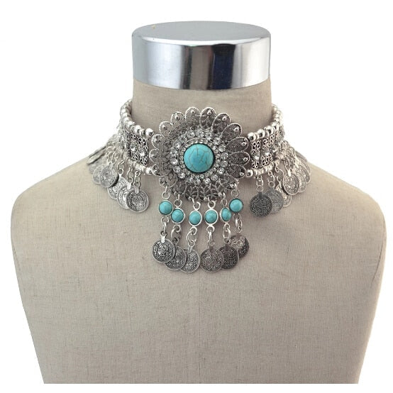 sengpan bridal jewelry set for wedding Bohemian Turkish Ethnic Metal Gypsy Coachella Beach Choker Bib Coin Tassel Collar Necklace For Women Indian Charm Jewelry