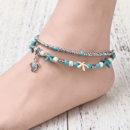 sengpan Boho Adjustable Anklet Antique Sea Turtle Animal  Charm Beads Chain Anklet Women Summer Beach Sandals Ankle Bracelet