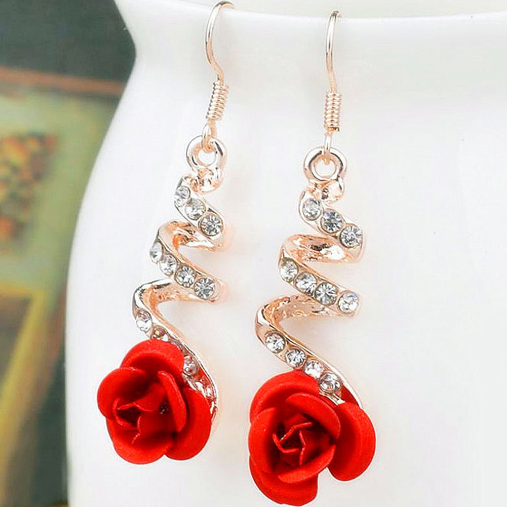 sengpan christmas wishlist gifts for her Fashion Jewelry Ethnic Red Rose Drop Earrings Big Rhinestone Earrings Vintage For Women Rose Gold Spiral Dangle Earring