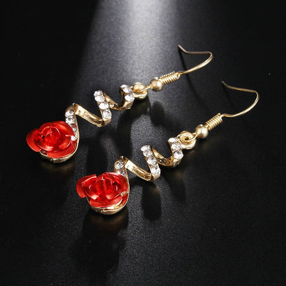 sengpan christmas wishlist gifts for her Fashion Jewelry Ethnic Red Rose Drop Earrings Big Rhinestone Earrings Vintage For Women Rose Gold Spiral Dangle Earring