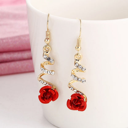 sengpan christmas wishlist gifts for her Fashion Jewelry Ethnic Red Rose Drop Earrings Big Rhinestone Earrings Vintage For Women Rose Gold Spiral Dangle Earring