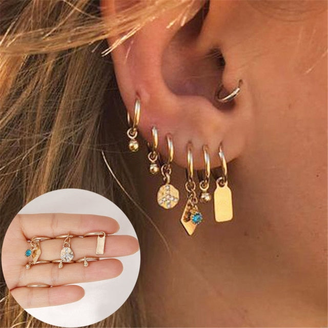 sengpan western jewelry for women Halloween gift Boho Gold Crystal Pearl Earrings Set Women Heart Moon Star Cross Geometric Feather Female Earring Vintage Fashion Jewelry