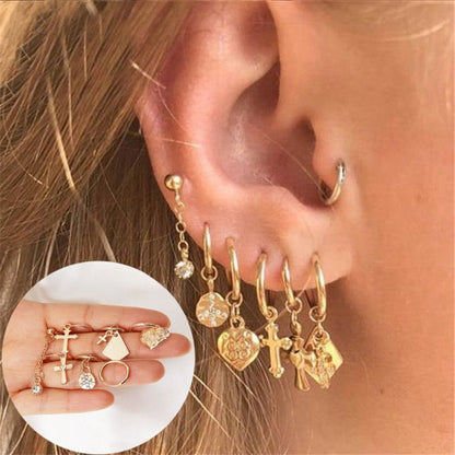 sengpan western jewelry for women Halloween gift Boho Gold Crystal Pearl Earrings Set Women Heart Moon Star Cross Geometric Feather Female Earring Vintage Fashion Jewelry