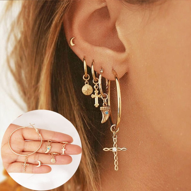 sengpan western jewelry for women Halloween gift Boho Gold Crystal Pearl Earrings Set Women Heart Moon Star Cross Geometric Feather Female Earring Vintage Fashion Jewelry