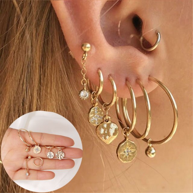 sengpan western jewelry for women Halloween gift Boho Gold Crystal Pearl Earrings Set Women Heart Moon Star Cross Geometric Feather Female Earring Vintage Fashion Jewelry