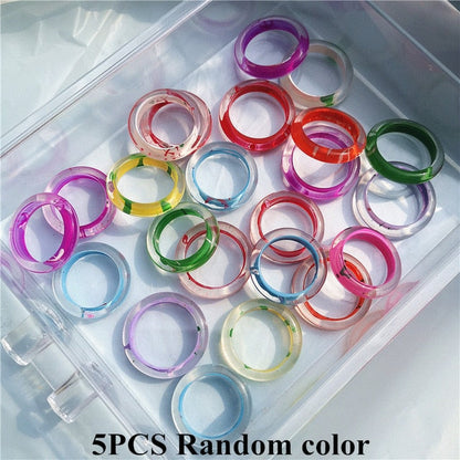 sengpan 5pcs/1SET Korea Chic Colorful Transparent Resin Acrylic Rings Hot Morandi Color Women Party aesthetic Jewelry Ring Set