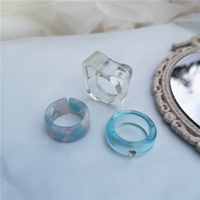 sengpan 5pcs/1SET Korea Chic Colorful Transparent Resin Acrylic Rings Hot Morandi Color Women Party aesthetic Jewelry Ring Set