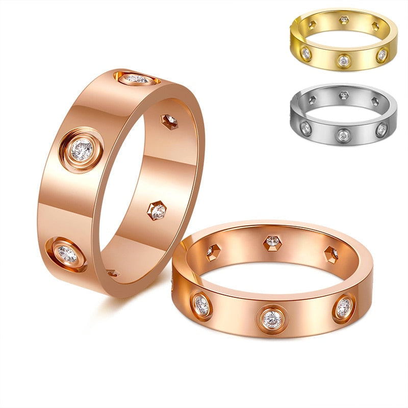 sengpan father's day gifts Trendy Stainless Steel Rose Gold Color Love Ring for Women Men Couple CZ Crystal Rings Luxury Brand Jewelry Wedding Gift