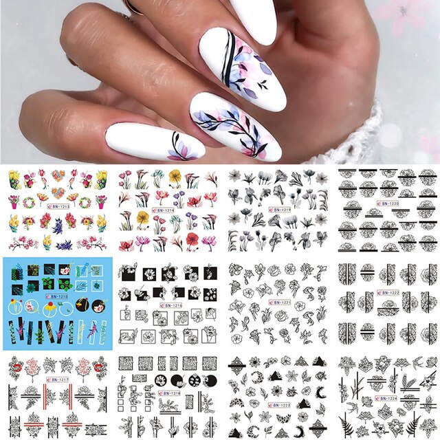 sengpan 12Designs Spring Theme Geometric Flower Leaves Nail Stickers Set Face Image Butterfly Fruit Decals Sliders Manicures Decoration