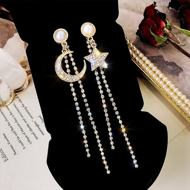 sengpan Luxury Brand Gold Color Star Earrings for Women New Fashion Crystal Pearl Geometric Dangle Earrings Female Wedding Jewelry