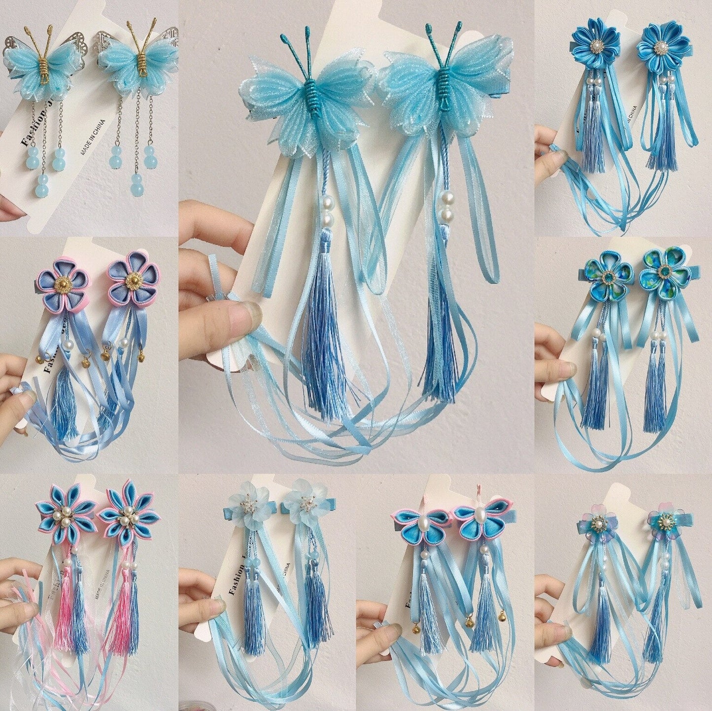 sengpan A pair of blue series Chinese style fringed ribbons, children's hairpin, flower headdress, Tang suit, Hanfu accessories, head fl