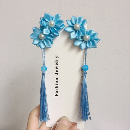 sengpan A pair of blue series Chinese style fringed ribbons, children's hairpin, flower headdress, Tang suit, Hanfu accessories, head fl