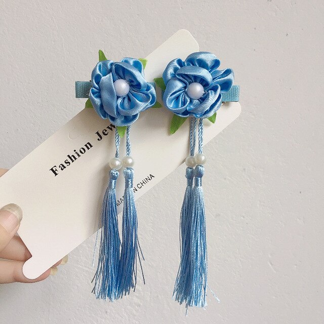 sengpan A pair of blue series Chinese style fringed ribbons, children's hairpin, flower headdress, Tang suit, Hanfu accessories, head fl