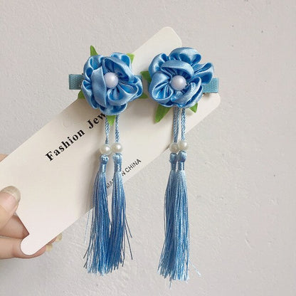 sengpan A pair of blue series Chinese style fringed ribbons, children's hairpin, flower headdress, Tang suit, Hanfu accessories, head fl