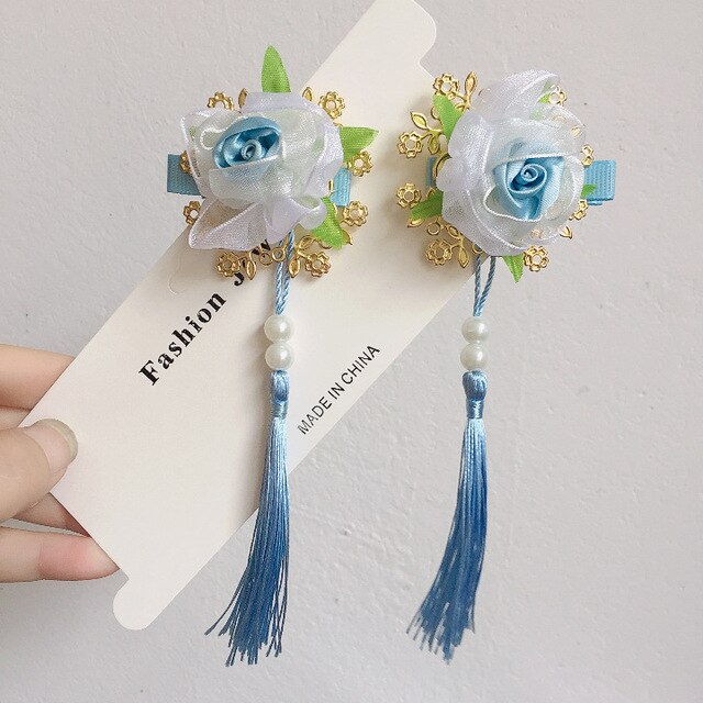 sengpan A pair of blue series Chinese style fringed ribbons, children's hairpin, flower headdress, Tang suit, Hanfu accessories, head fl