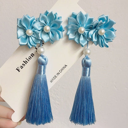 sengpan A pair of blue series Chinese style fringed ribbons, children's hairpin, flower headdress, Tang suit, Hanfu accessories, head fl