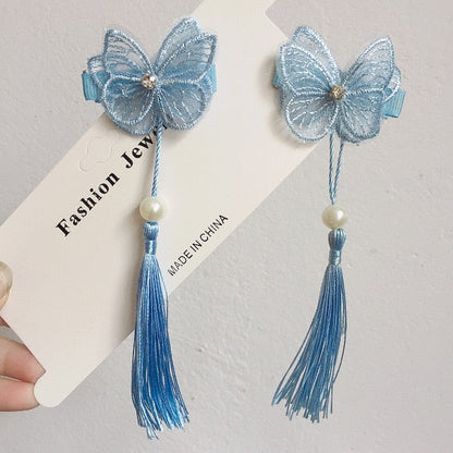 sengpan A pair of blue series Chinese style fringed ribbons, children's hairpin, flower headdress, Tang suit, Hanfu accessories, head fl