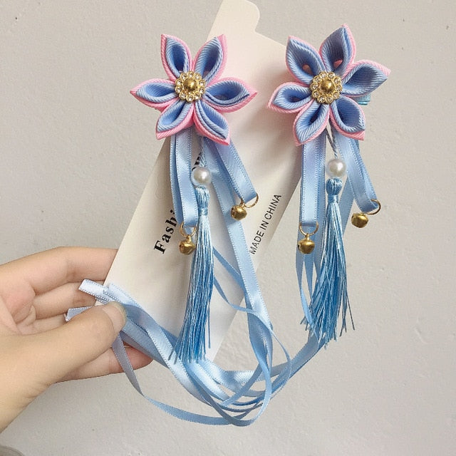 sengpan A pair of blue series Chinese style fringed ribbons, children's hairpin, flower headdress, Tang suit, Hanfu accessories, head fl