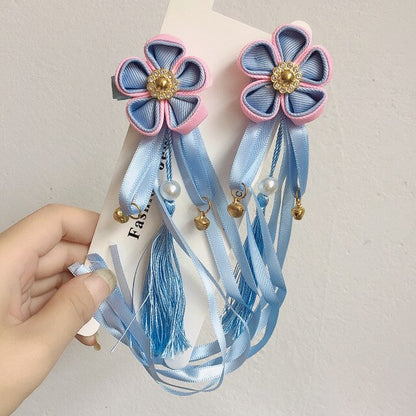 sengpan A pair of blue series Chinese style fringed ribbons, children's hairpin, flower headdress, Tang suit, Hanfu accessories, head fl