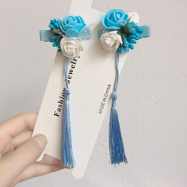 sengpan A pair of blue series Chinese style fringed ribbons, children's hairpin, flower headdress, Tang suit, Hanfu accessories, head fl