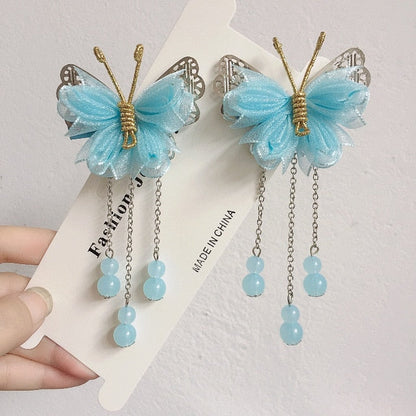 sengpan A pair of blue series Chinese style fringed ribbons, children's hairpin, flower headdress, Tang suit, Hanfu accessories, head fl