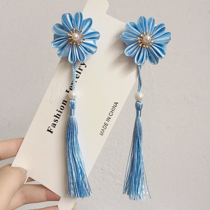 sengpan A pair of blue series Chinese style fringed ribbons, children's hairpin, flower headdress, Tang suit, Hanfu accessories, head fl