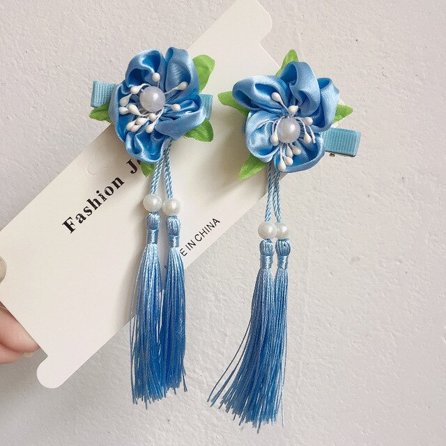 sengpan A pair of blue series Chinese style fringed ribbons, children's hairpin, flower headdress, Tang suit, Hanfu accessories, head fl