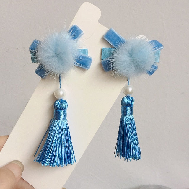 sengpan A pair of blue series Chinese style fringed ribbons, children's hairpin, flower headdress, Tang suit, Hanfu accessories, head fl