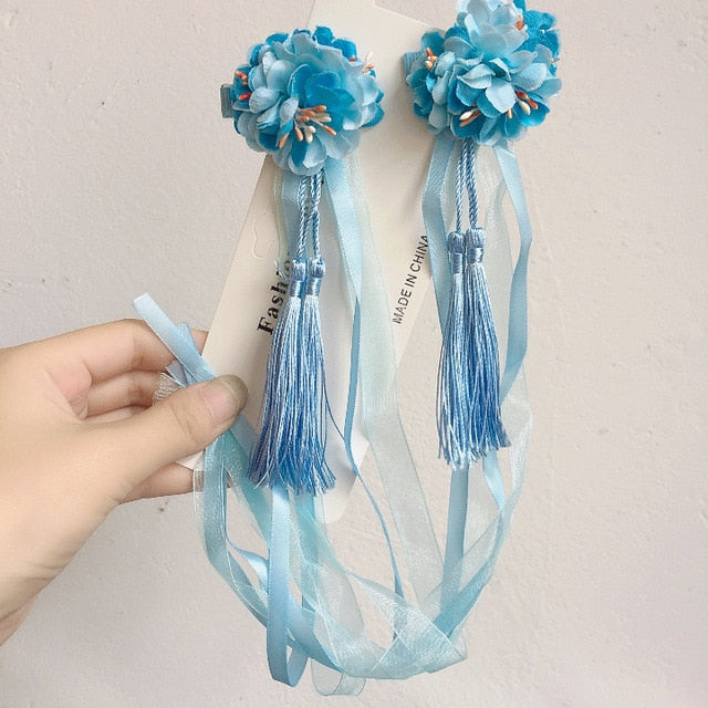 sengpan A pair of blue series Chinese style fringed ribbons, children's hairpin, flower headdress, Tang suit, Hanfu accessories, head fl