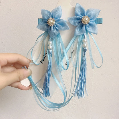 sengpan A pair of blue series Chinese style fringed ribbons, children's hairpin, flower headdress, Tang suit, Hanfu accessories, head fl