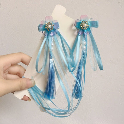 sengpan A pair of blue series Chinese style fringed ribbons, children's hairpin, flower headdress, Tang suit, Hanfu accessories, head fl