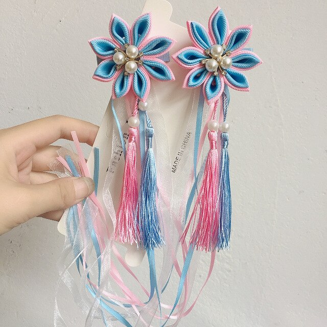 sengpan A pair of blue series Chinese style fringed ribbons, children's hairpin, flower headdress, Tang suit, Hanfu accessories, head fl