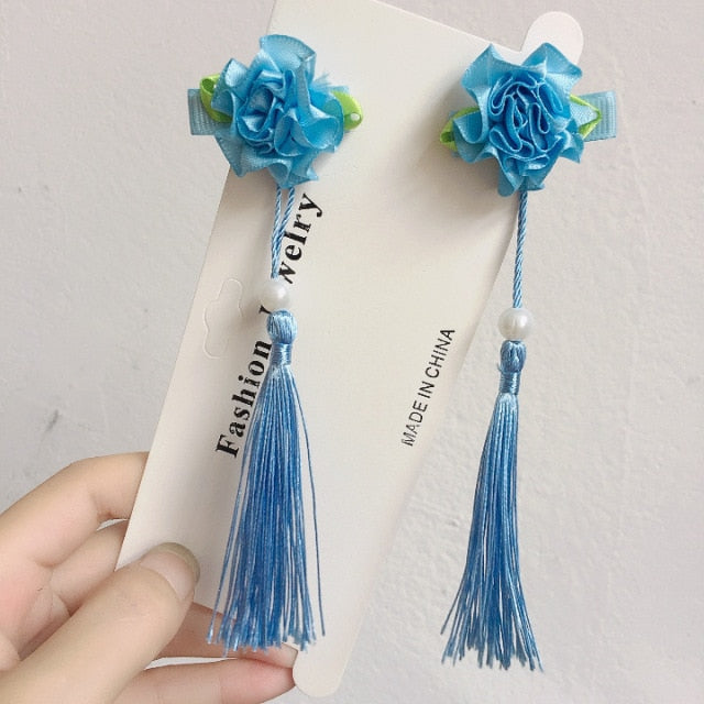 sengpan A pair of blue series Chinese style fringed ribbons, children's hairpin, flower headdress, Tang suit, Hanfu accessories, head fl