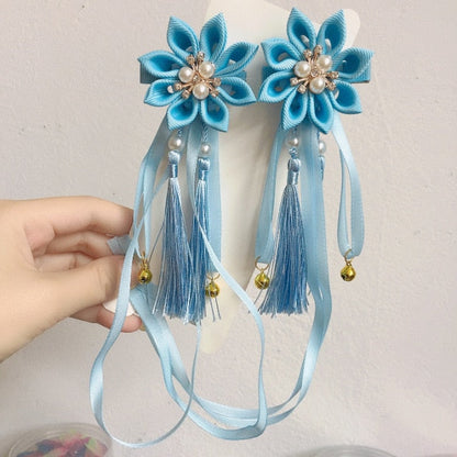 sengpan A pair of blue series Chinese style fringed ribbons, children's hairpin, flower headdress, Tang suit, Hanfu accessories, head fl