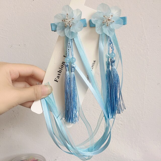 sengpan A pair of blue series Chinese style fringed ribbons, children's hairpin, flower headdress, Tang suit, Hanfu accessories, head fl