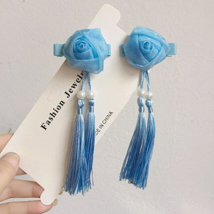 sengpan A pair of blue series Chinese style fringed ribbons, children's hairpin, flower headdress, Tang suit, Hanfu accessories, head fl