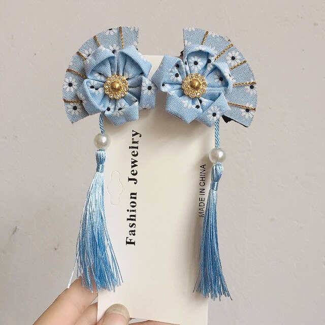 sengpan A pair of blue series Chinese style fringed ribbons, children's hairpin, flower headdress, Tang suit, Hanfu accessories, head fl