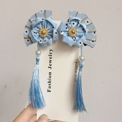 sengpan A pair of blue series Chinese style fringed ribbons, children's hairpin, flower headdress, Tang suit, Hanfu accessories, head fl