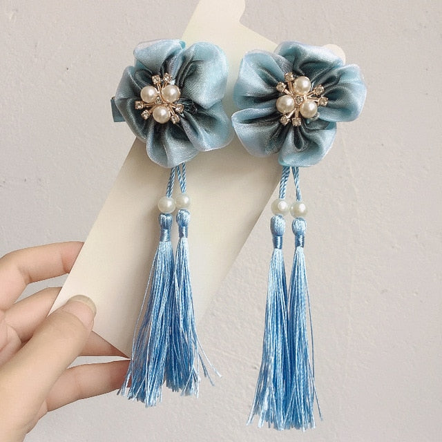 sengpan A pair of blue series Chinese style fringed ribbons, children's hairpin, flower headdress, Tang suit, Hanfu accessories, head fl