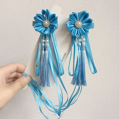 sengpan A pair of blue series Chinese style fringed ribbons, children's hairpin, flower headdress, Tang suit, Hanfu accessories, head fl