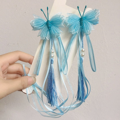 sengpan A pair of blue series Chinese style fringed ribbons, children's hairpin, flower headdress, Tang suit, Hanfu accessories, head fl