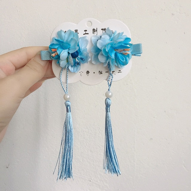 sengpan A pair of blue series Chinese style fringed ribbons, children's hairpin, flower headdress, Tang suit, Hanfu accessories, head fl