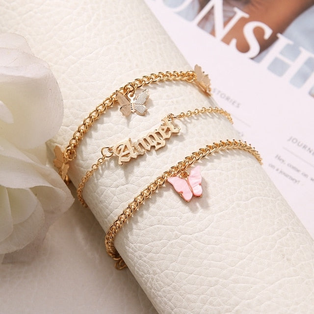 sengpan bridal jewelry set for wedding Fashion Pink Butterfly Anklets Set For Women Cute Gold Letter Angel Chain Anklet Foot Ankle Bracelet Summer Beach Jewelry