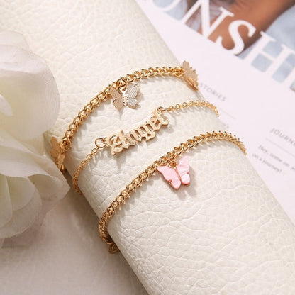 sengpan bridal jewelry set for wedding Fashion Pink Butterfly Anklets Set For Women Cute Gold Letter Angel Chain Anklet Foot Ankle Bracelet Summer Beach Jewelry