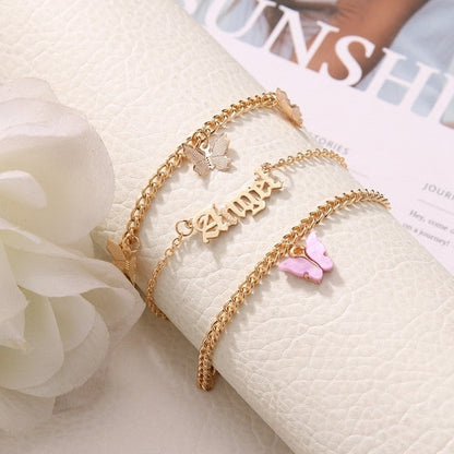 sengpan bridal jewelry set for wedding Fashion Pink Butterfly Anklets Set For Women Cute Gold Letter Angel Chain Anklet Foot Ankle Bracelet Summer Beach Jewelry