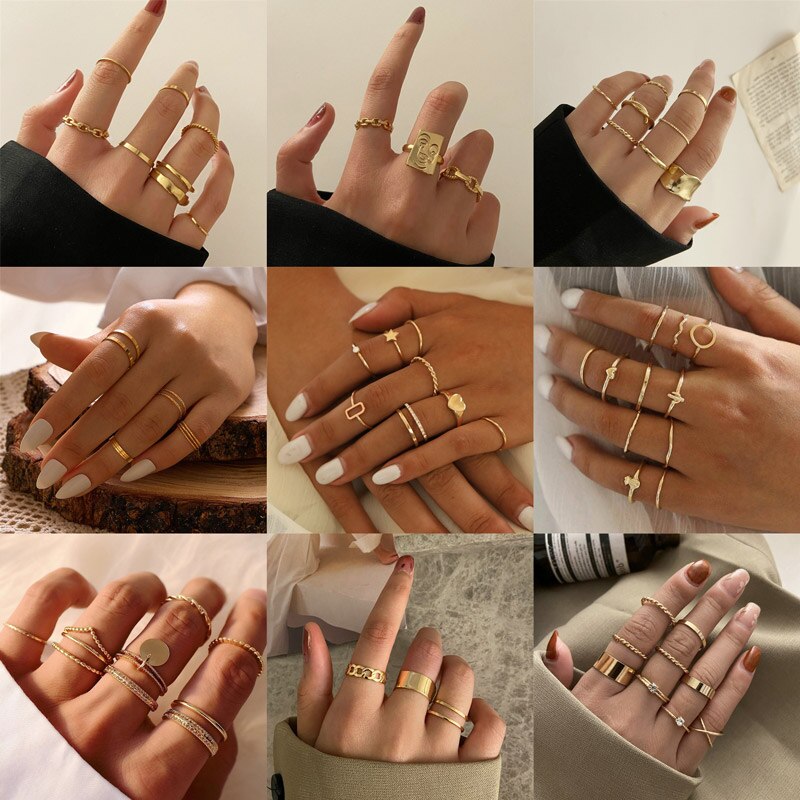 sengpan christmas wishlist gifts for her Hiphop Rock Metal Geometry Circular Punk Rings Set Gold Color Finger Accessories Buckle Joint Tail Ring for Women Jewelry