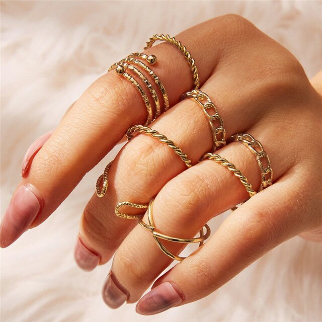 sengpan christmas wishlist gifts for her Hiphop Rock Metal Geometry Circular Punk Rings Set Gold Color Finger Accessories Buckle Joint Tail Ring for Women Jewelry