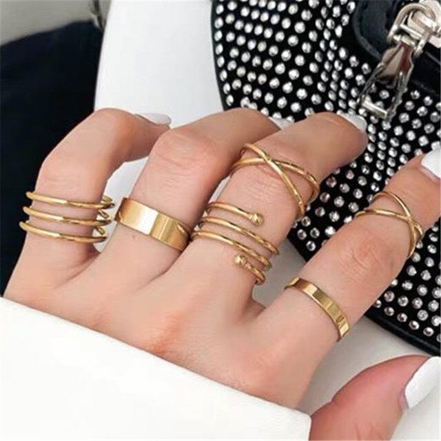 sengpan christmas wishlist gifts for her Hiphop Rock Metal Geometry Circular Punk Rings Set Gold Color Finger Accessories Buckle Joint Tail Ring for Women Jewelry