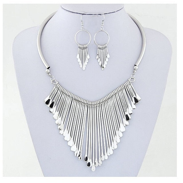 sengpan Ahmed Jewelry Geometry Fashion Metal Tassel Jewelry Set Necklace Earring For Woman New Boho Maxi Statement Collar Necklace HOT